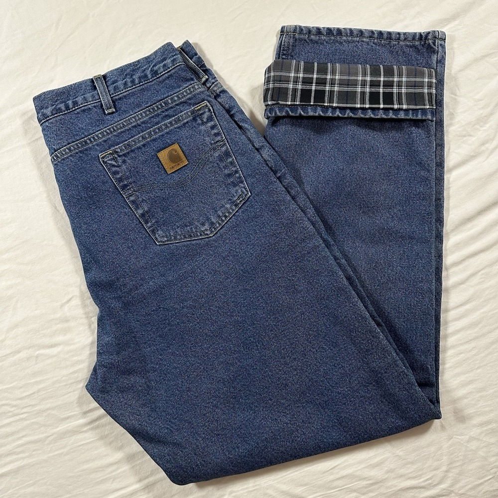 Carhartt‎ Jeans Mens 38x34 Blue Flannel Lined Relaxed Fit Workwear 8172 DST